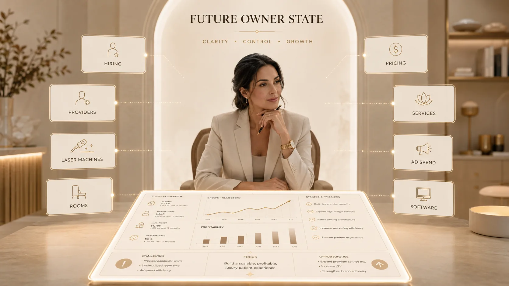 Future owner state: a confident owner at a clear business dashboard, with full visibility over hiring, pricing, providers, services, and strategy
