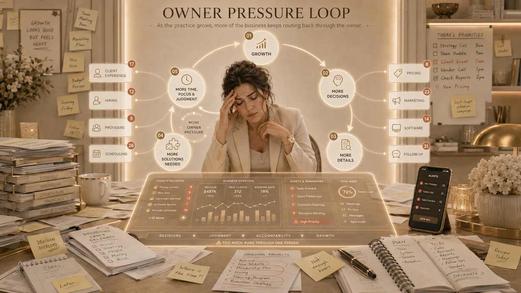Owner pressure loop: Growth leads to More Decisions, More Details, More Solutions Needed, More Time Focus and Judgment, which pulls more from the owner and loops back.