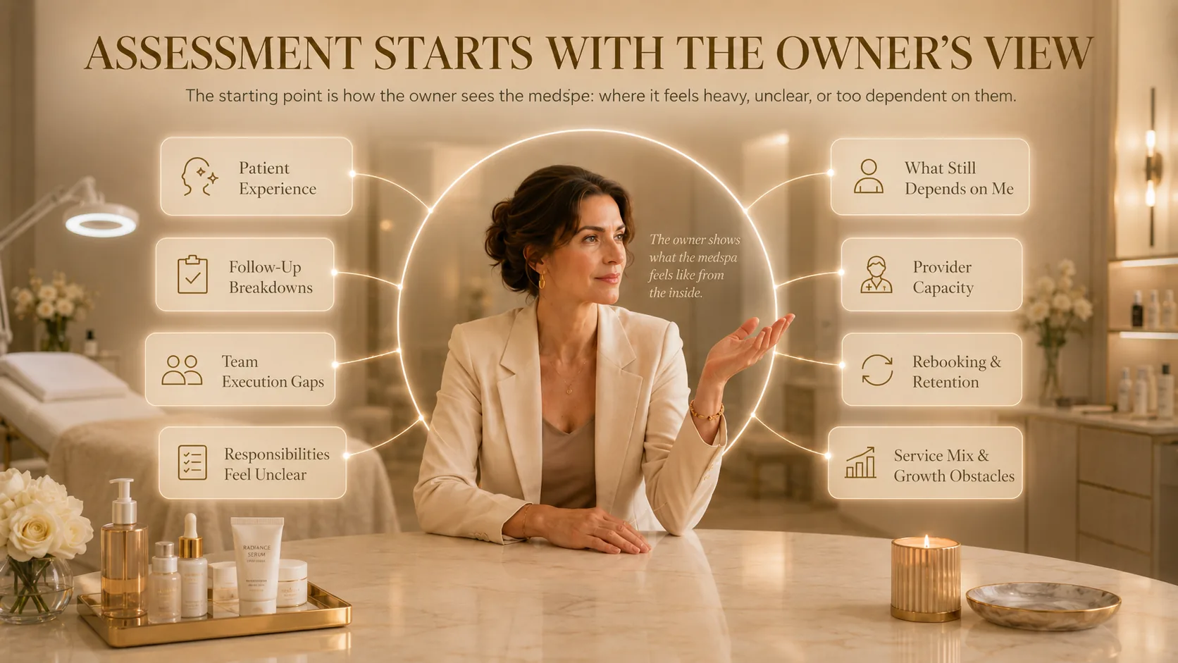 Assessment starts with the owner's view: the owner at center, with eight areas radiating out — Patient Experience, Follow-Up Breakdowns, Team Execution Gaps, Responsibilities Feel Unclear, What Still Depends on Me, Provider Capacity, Rebooking and Retention, Service Mix and Growth Obstacles